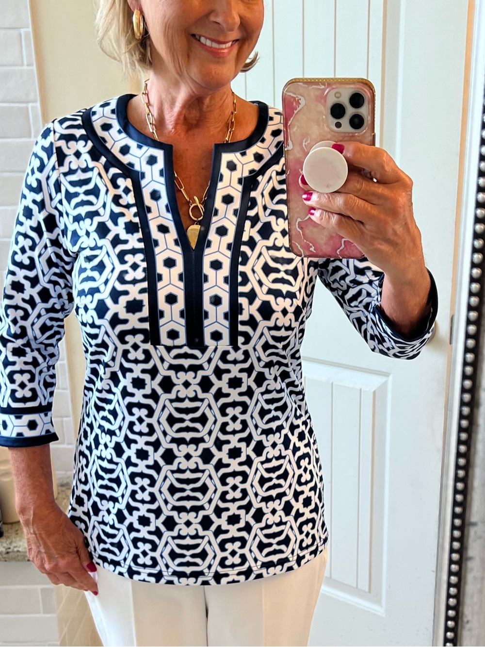 Gretchen Scott Designs Navy and White Geometric Split-Neck Tunic